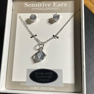 Swarovski Crystal Elements Diamond Necklace & Earring Set Silver Overlay